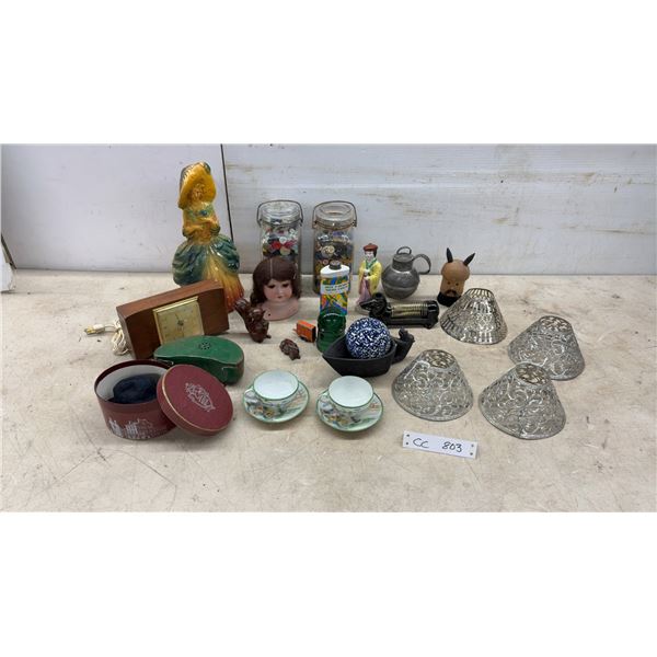 Antique Bisque Doll Head, Chalkware Figurine, Mantel Clock, Button Jars, Filigree Shades and More