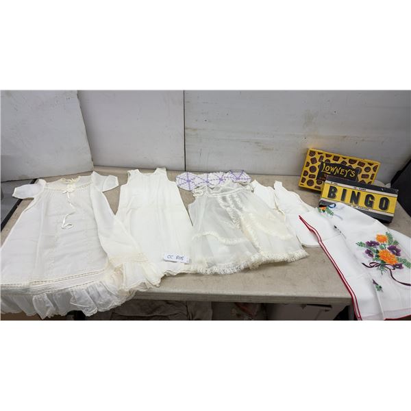 Vintage Christening Gowns, Lowney's Chocolates Box, Bingo Game, Embroidered Linens and More