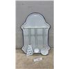 Image 1 : Vintage White Enamelware Kitchen Utensil Rack with Blue Trim, Spatula, Ladle, and Skimmer
