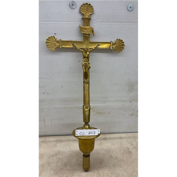 Antique Brass Processional Crucifix with INRI Plaque and Shell-Motif Finials on Pole Holder
