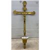 Image 1 : Antique Brass Processional Crucifix with INRI Plaque and Shell-Motif Finials on Pole Holder