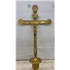 Image 3 : Antique Brass Processional Crucifix with INRI Plaque and Shell-Motif Finials on Pole Holder