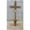 Image 4 : Antique Brass Processional Crucifix with INRI Plaque and Shell-Motif Finials on Pole Holder