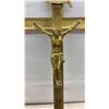 Image 5 : Antique Brass Processional Crucifix with INRI Plaque and Shell-Motif Finials on Pole Holder