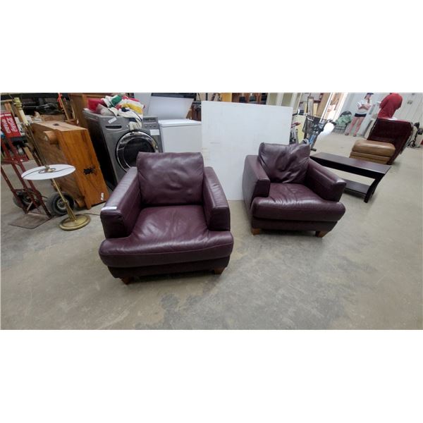 Pair of Plum Leather Style Armchairs with Wide Arms and Loose Back Cushions