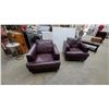 Image 1 : Pair of Plum Leather Style Armchairs with Wide Arms and Loose Back Cushions