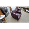 Image 2 : Pair of Plum Leather Style Armchairs with Wide Arms and Loose Back Cushions