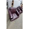 Image 3 : Pair of Plum Leather Style Armchairs with Wide Arms and Loose Back Cushions