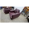 Image 4 : Pair of Plum Leather Style Armchairs with Wide Arms and Loose Back Cushions