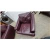 Image 5 : Pair of Plum Leather Style Armchairs with Wide Arms and Loose Back Cushions