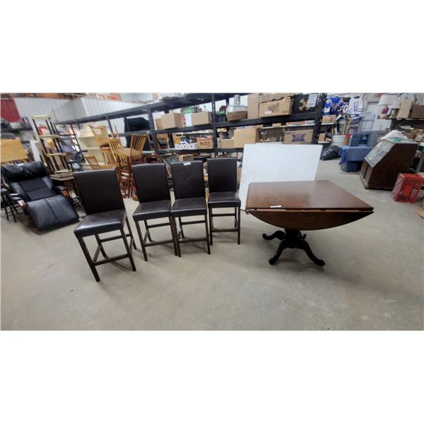 Drop-Leaf Pedestal Dining Table with Four Faux Leather Counter-Height Chairs 54 x 54 x 30"