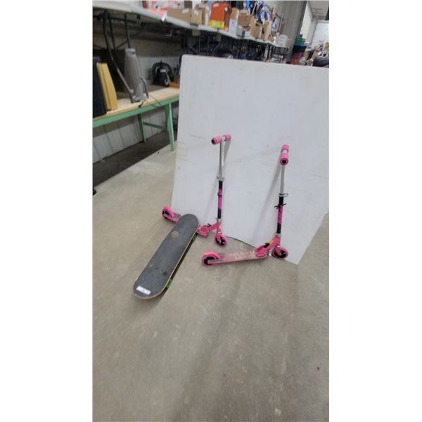 Two Sport Runner Pink Folding Kick Scooters and Skateboard with Green Trucks