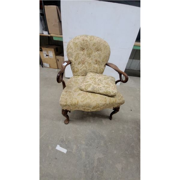 Vintage Tufted Floral Upholstered Armchair with Scroll Arms and Cabriole Legs
