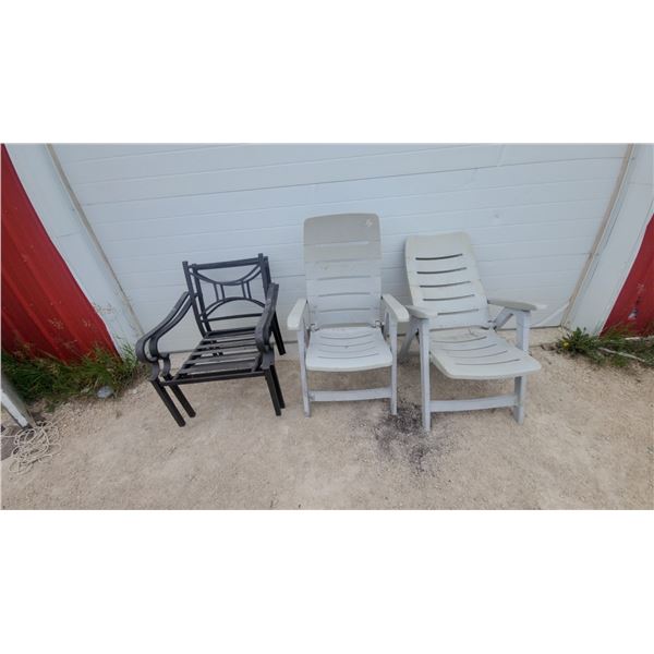 Two Black Metal Patio Chairs and Two Gray Plastic Adjustable Reclining Lounge Chairs