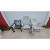 Image 1 : Two Black Metal Patio Chairs and Two Gray Plastic Adjustable Reclining Lounge Chairs