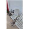Image 3 : Two Black Metal Patio Chairs and Two Gray Plastic Adjustable Reclining Lounge Chairs