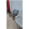 Image 4 : Two Black Metal Patio Chairs and Two Gray Plastic Adjustable Reclining Lounge Chairs
