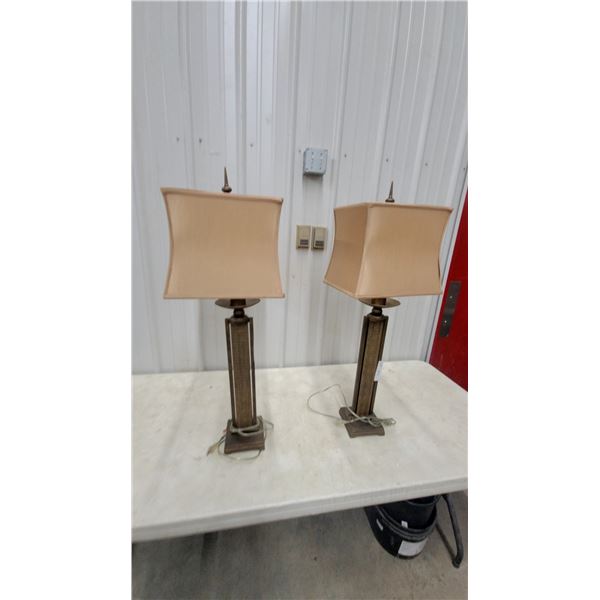 Pair of Mid-Century Modern Table Lamps with Tan Fabric Shades and Textured Column Bases