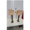 Image 1 : Pair of Mid-Century Modern Table Lamps with Tan Fabric Shades and Textured Column Bases