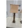 Image 2 : Pair of Mid-Century Modern Table Lamps with Tan Fabric Shades and Textured Column Bases