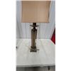 Image 4 : Pair of Mid-Century Modern Table Lamps with Tan Fabric Shades and Textured Column Bases