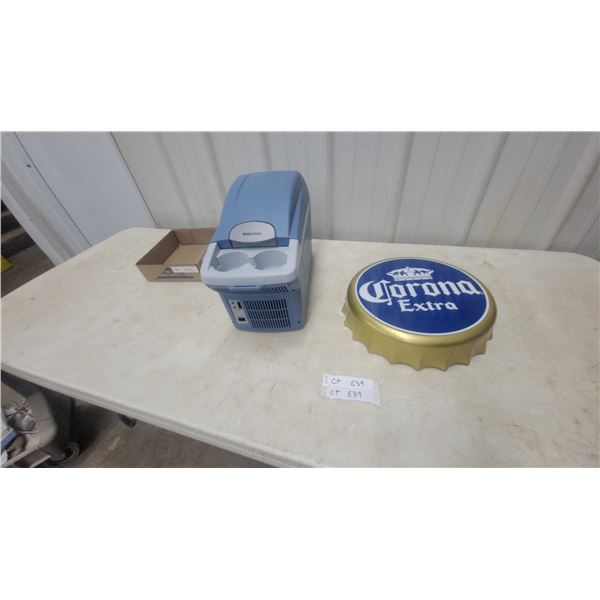 Mobicool T20 DC Portable Thermo-Electric Cooler and Corona Extra Bottle Cap Sign