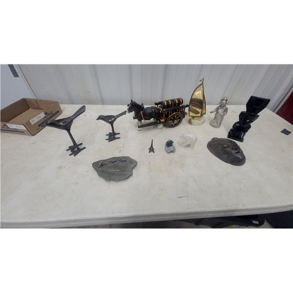 Carved Mask, Totem Sculpture, Pewter Figurine, Brass Sailboat, Wood Cart and More