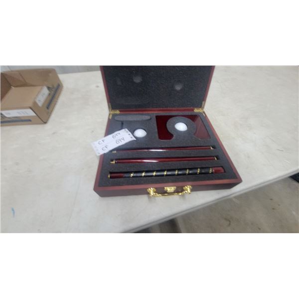 Portable Golf Putting Set in Wooden Presentation Case with Putter, Two Balls, and Cup