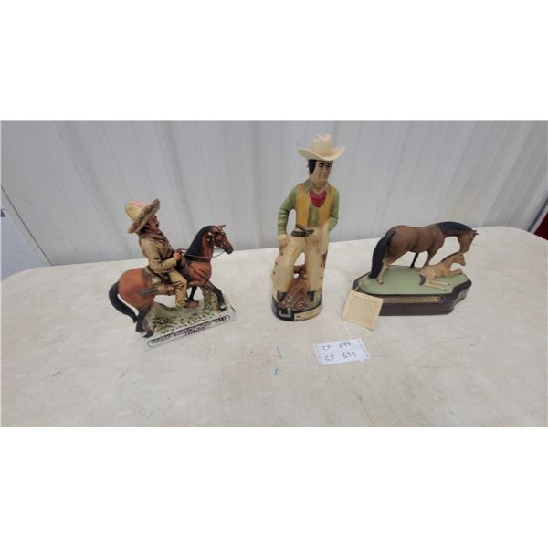 Jim Beam Ceramic Whiskey Decanters Including Pancho Villa, Seated Cowboy, and Old Friends Are Best