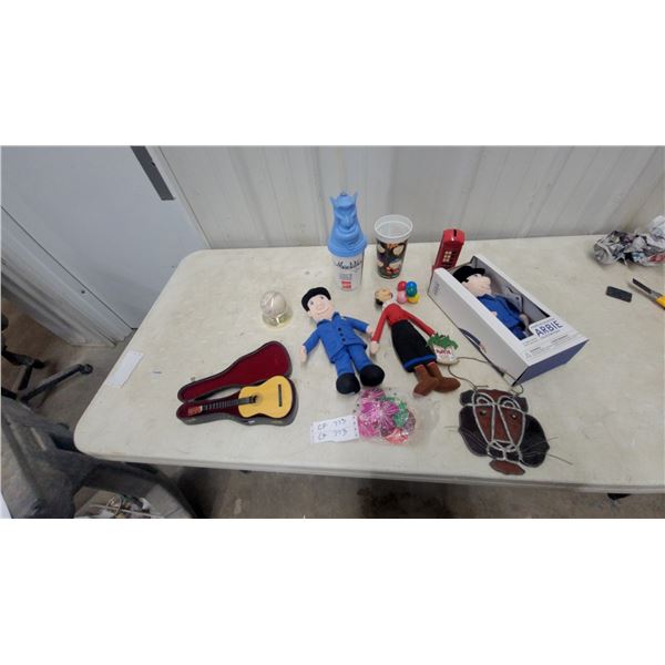 Miniature Classical Guitar with Case, Arbie Wimpy Plush, Olive Oyl Figure, Baseball and More