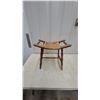 Image 1 : Vintage Wooden Saddle Spinning Wheel Stool with Hand-Woven Rush Seat and Turned Legs