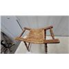 Image 2 : Vintage Wooden Saddle Spinning Wheel Stool with Hand-Woven Rush Seat and Turned Legs