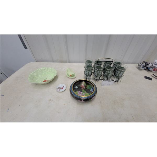 Cloisonné Enamel Bowl, Cabbage Leaf Dishes, Jasperware-Style Glasses in Caddy and More
