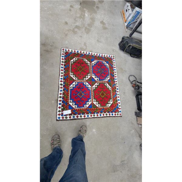 Hand-Knotted Tribal Area Rug with Red and Blue Geometric Medallions 45 x 40"