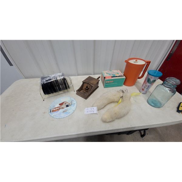 Vintage Dial-O-Matic Deluxe Food Cutter, Fur Key Chain Blue Mason Jar, Tupperware Pitcher and More