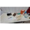 Image 1 : Vintage Dial-O-Matic Deluxe Food Cutter, Fur Key Chain Blue Mason Jar, Tupperware Pitcher and More