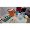Image 2 : Vintage Dial-O-Matic Deluxe Food Cutter, Fur Key Chain Blue Mason Jar, Tupperware Pitcher and More