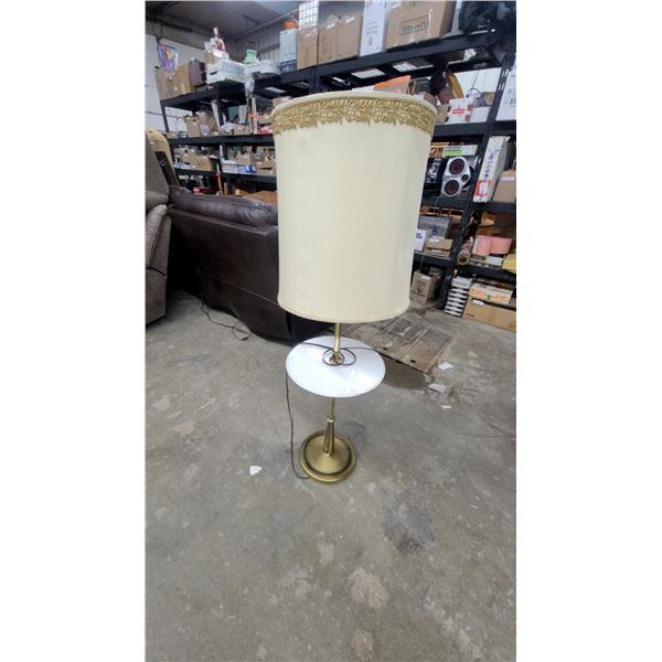 Vintage Mid-Century Modern Brass Floor Lamp with Integrated White Table and Gold Trim Shade