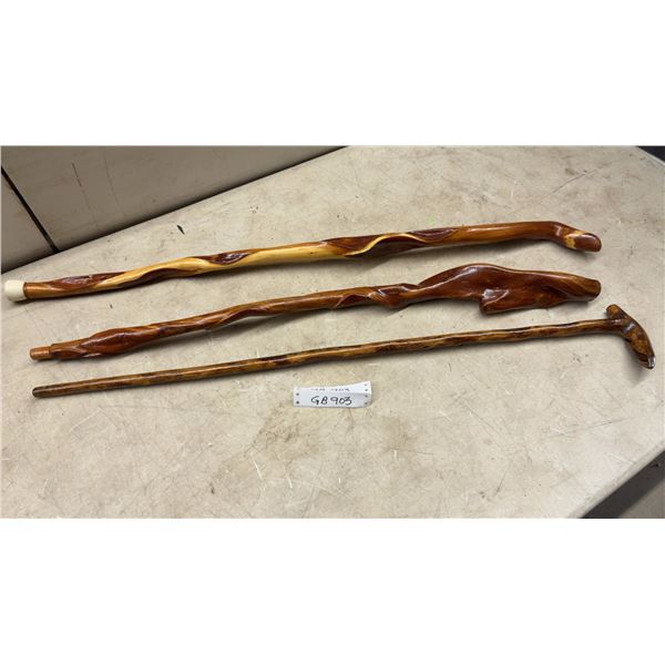 Three Handcrafted Wood Walking Staffs with Carved Twist and Knob Handles, Approximately 36" High