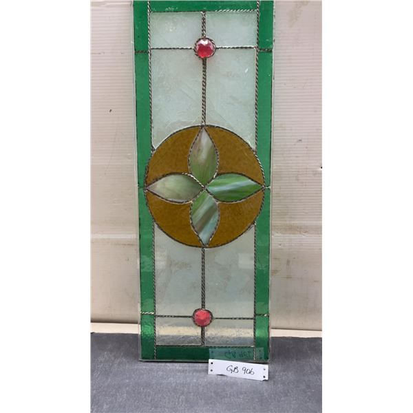 Vintage Stained Glass Panel with Floral Motif and Red Jewels, 10 x 26 1/2"