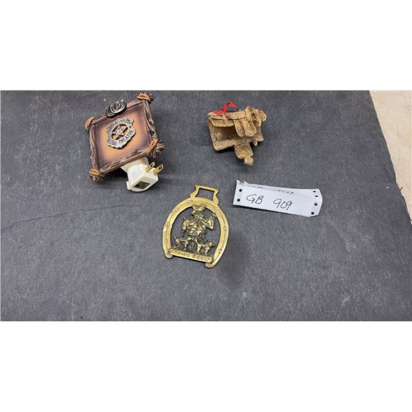 Western Globe Theatre Officer Badge Nightlight, Saddle Christmas Ornament, and Brass John Peel Meda