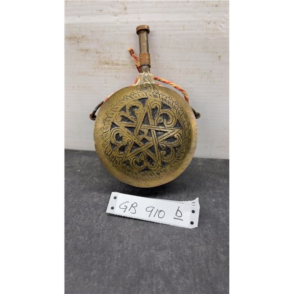 Antique Middle Eastern Brass Gunpowder Flask with Engraved Pentagram Design