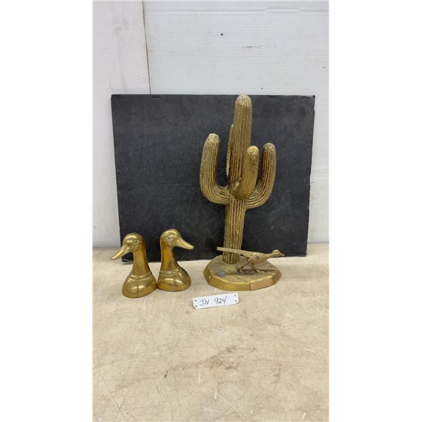 Brass Duck Head Bookends and "Beep Beep" Arizona '86 Saguaro Cactus Roadrunner Statue, 18 1/2" Tall