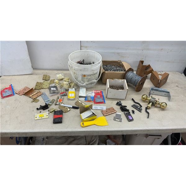 Assorted Hardware Lot: Bucket of Drill Bits, Hinges, Door Knob, Brackets, Galvanized Wire Spool