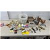 Image 1 : Assorted Hardware Lot: Bucket of Drill Bits, Hinges, Door Knob, Brackets, Galvanized Wire Spool