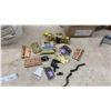 Image 8 : Assorted Hardware Lot: Bucket of Drill Bits, Hinges, Door Knob, Brackets, Galvanized Wire Spool