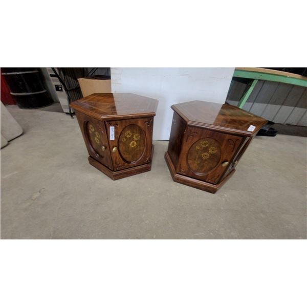 Pair of Hexagonal Wooden End Tables with Floral Motif Doors and Brass Knobs 20" Hgt. 22" Across