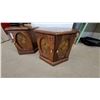 Image 2 : Pair of Hexagonal Wooden End Tables with Floral Motif Doors and Brass Knobs 20" Hgt. 22" Across