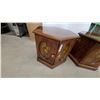 Image 4 : Pair of Hexagonal Wooden End Tables with Floral Motif Doors and Brass Knobs 20" Hgt. 22" Across
