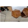 Image 5 : Pair of Hexagonal Wooden End Tables with Floral Motif Doors and Brass Knobs 20" Hgt. 22" Across
